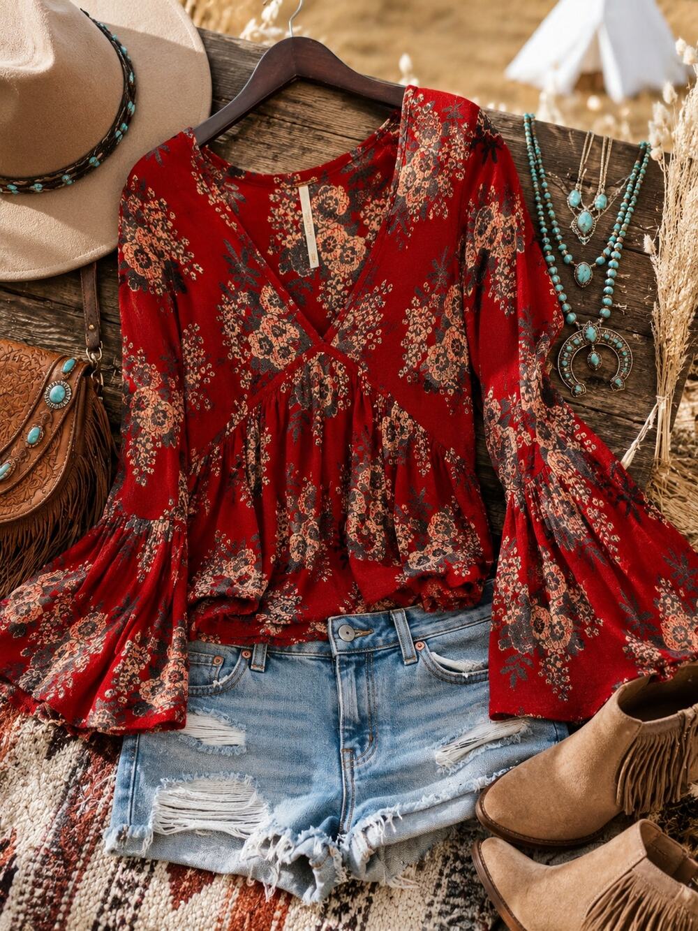 Free People Red Floral Bell Sleeve Peplum Top XS Boho